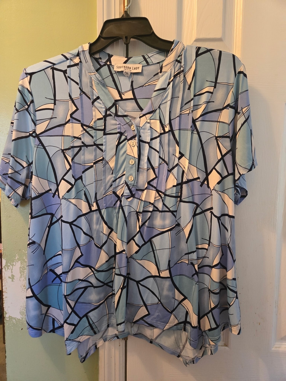 Southern Lady Multi-Blue Abstract Henley Short Sleeve Top